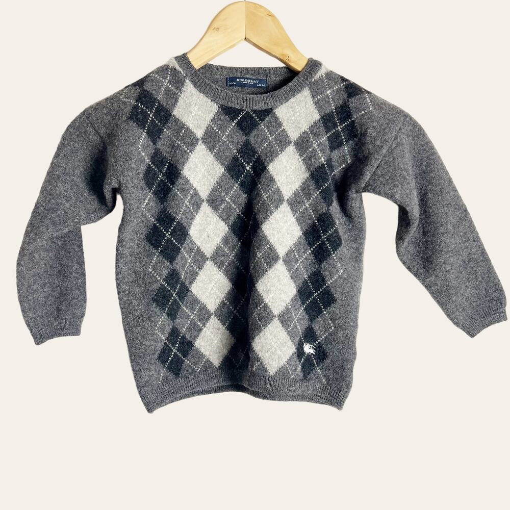 Burberry Boy’s Gray Argyle Knit Lambswool Crewneck Sweater Size 6